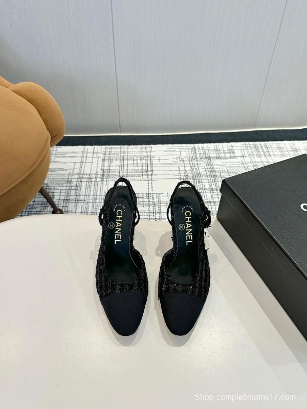 2025 Women Chanel Black Fabric Leather Slingback Heels