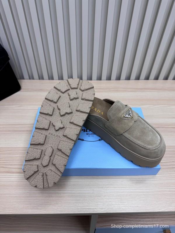 2025 Women Prada Khaki Suede Platform Loafers