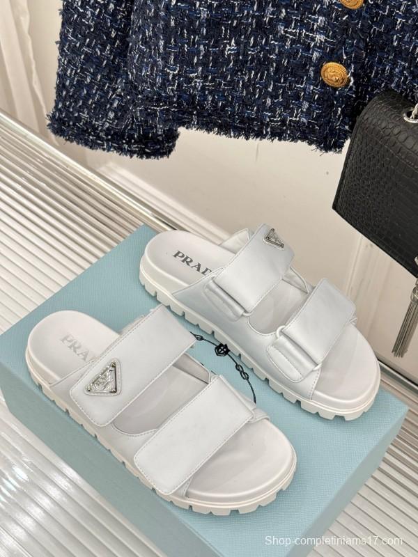 2025 Women Prada White Leather Slippers KFY00240