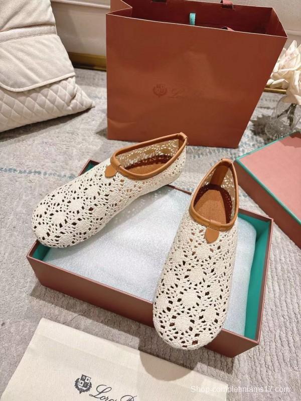 2025 Women LP Beige Brown Leather Crochet Ballet Flats