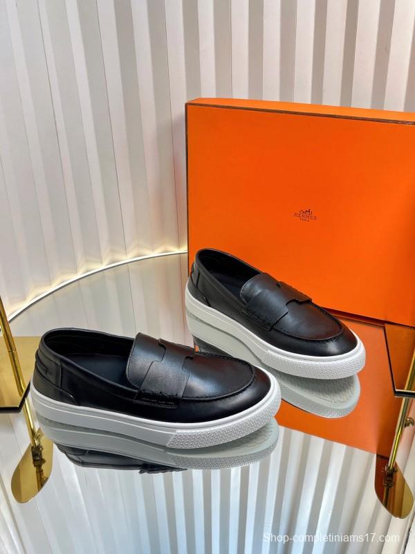 2025 Unisex Hermès Black Leather Fabric Loafers Slip-On LY00310(F)/LY00320(M)