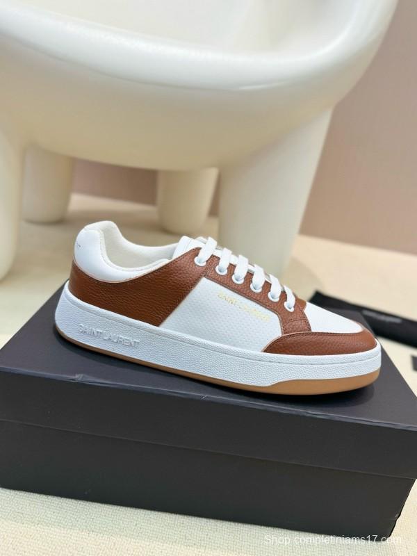 2024 Unisex Yves Saint Laurent White Brown Leather Canvas Sneakers MJ00350