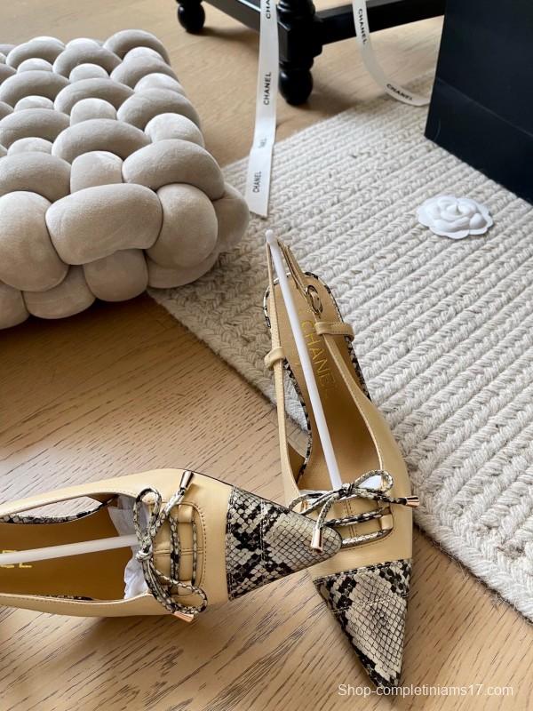 2025 Women Chanel Beige Snake Leather Heels KFY00320