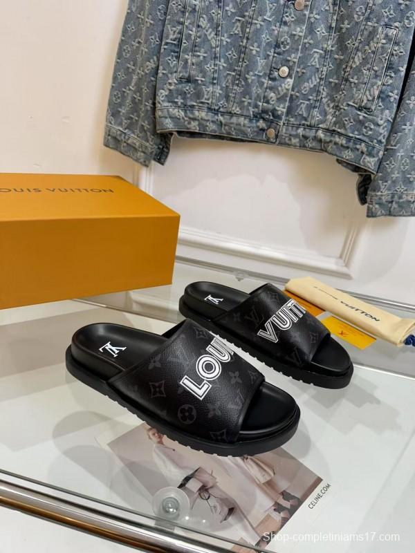2025 Slippers Louis Vuitton Black Leather Slippers LY