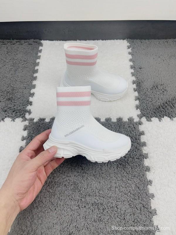 2024 Kids Dolce & Gabbana White Pink Black Knit Fabric Sneaker