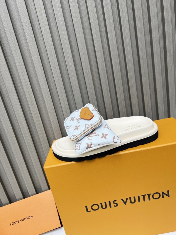2025 Women Louis Vuitton White Brown Canvas Slippers KFY00230