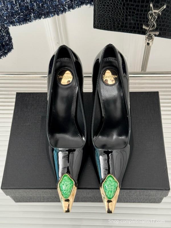 2024 Women Yves Saint Laurent Black Gold Patent Leather High Heels MJ00330