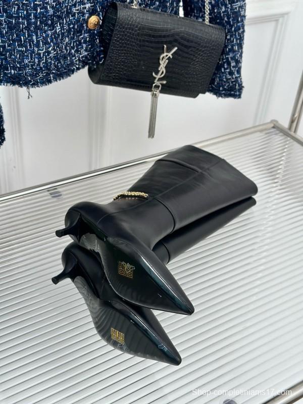 2024 Women YSL Black Leather Boots Chain Detail