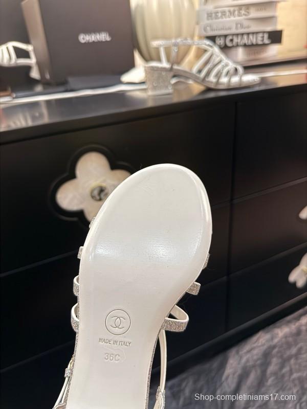 2025 Women Chanel White Synthetic Leather Sandals