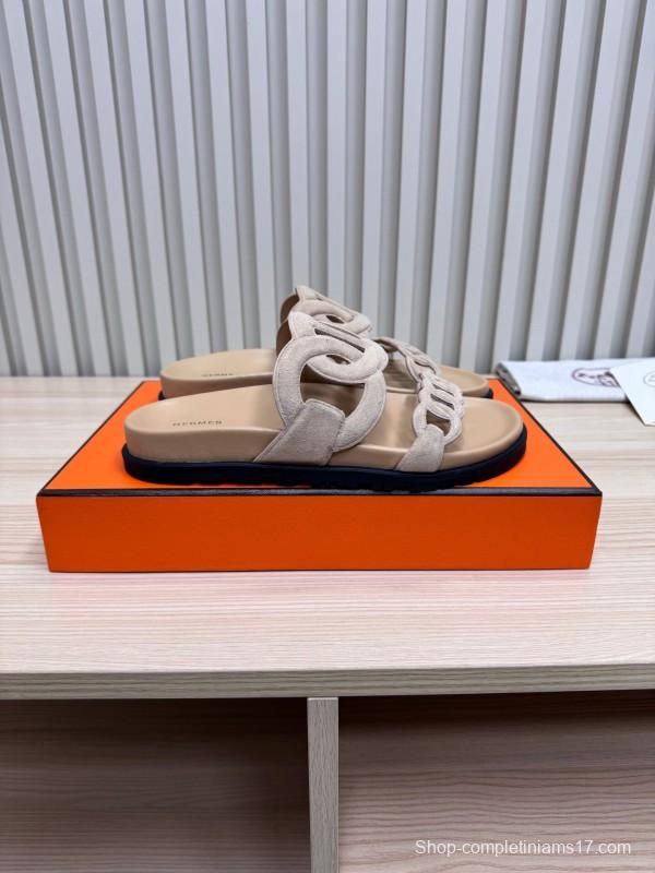 2025 Women Hermès Beige Suede Slippers