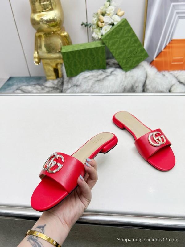 2025 Gucci Red Leather Slippers GG Ornament MJ00190
