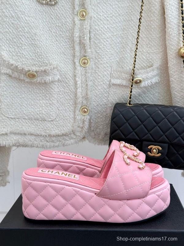 2025 Women Chanel Pink Leather Platform Slide Sandals