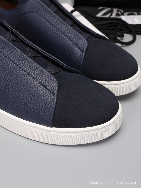2024 Men Ermenegildo Zegna Navy Blue Leather Suede Low Top Sneakers MJ00240