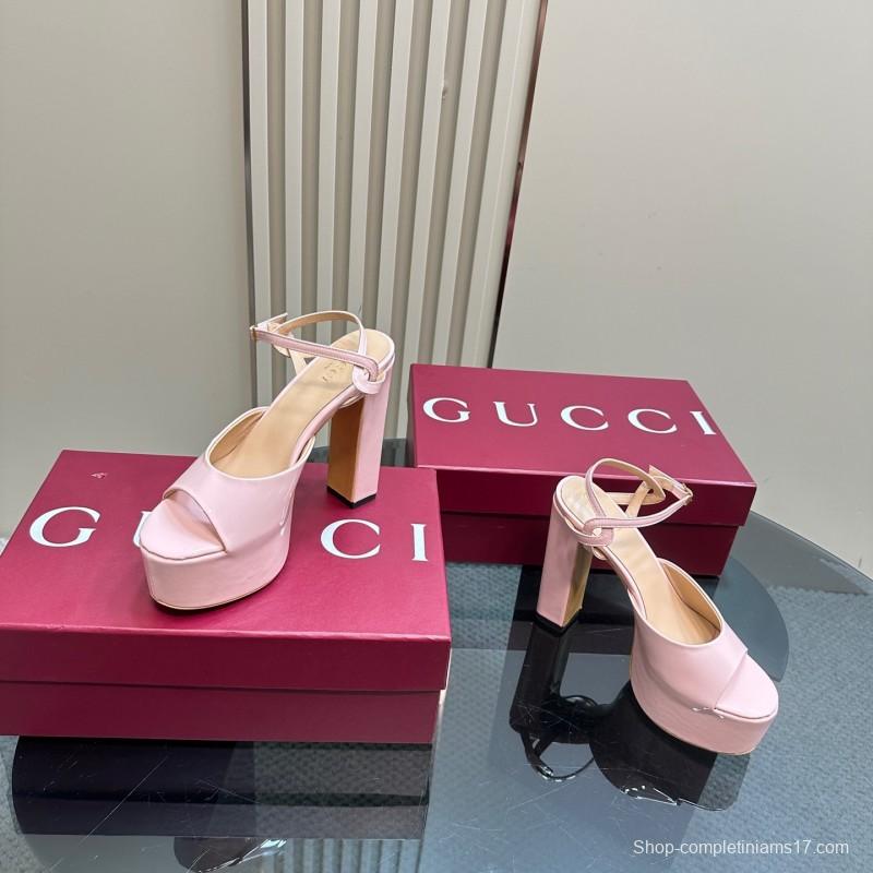 2025 Women Gucci Pink Patent Leather Platform Sandals