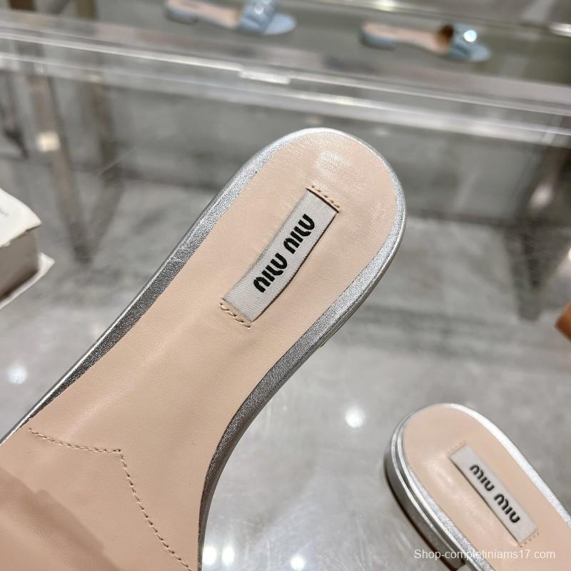 2025 Women Miumiu Silver Metallic Leather Slippers