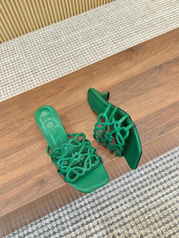 2025 Women Loewe Green Leather Heeled Sandals LY00250