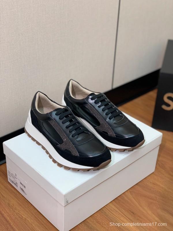 2025 Unisex Brunello Cucinelli Black Brown Leather Suede Sneakers LY
