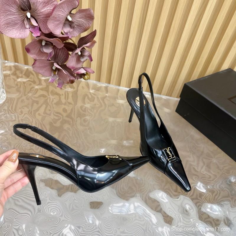 2025 Women Yves Saint Laurent Black Patent Leather Slingback Heels
