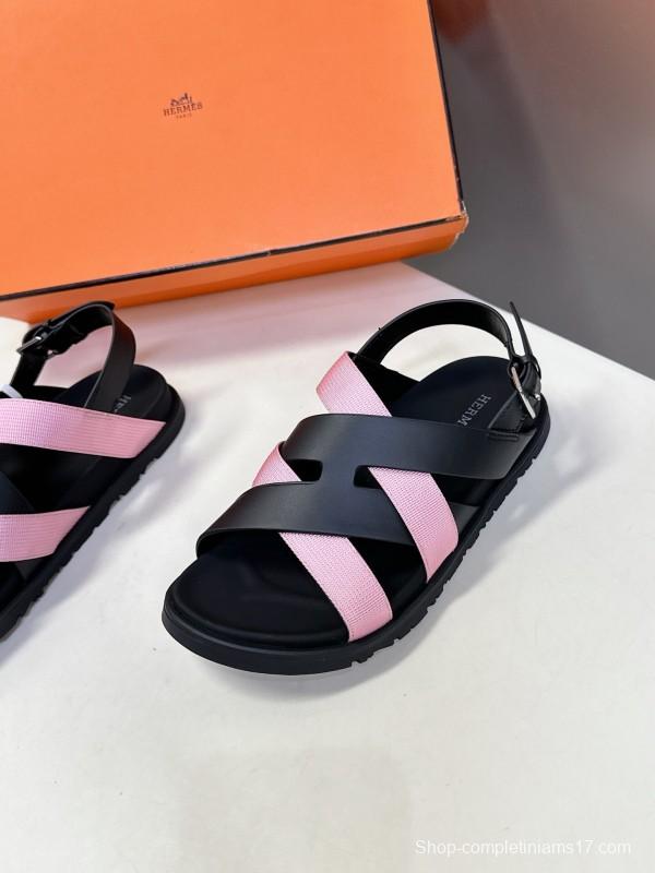 2025 Women Hermès Pink Black Leather Sandals