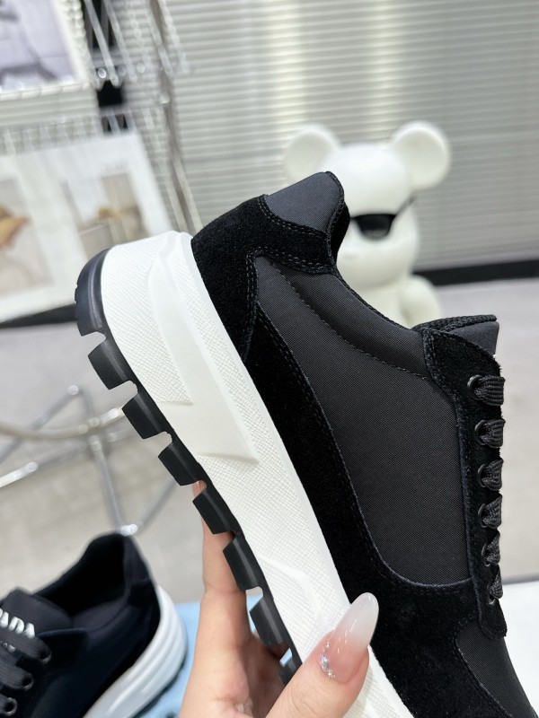 2025 Women Prada Black Leather Mesh Sneakers KFY00310