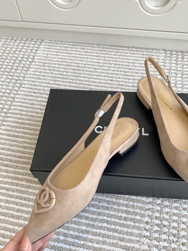 2025 Women Chanel Beige Suede Slingback Heart Logo KFY00300