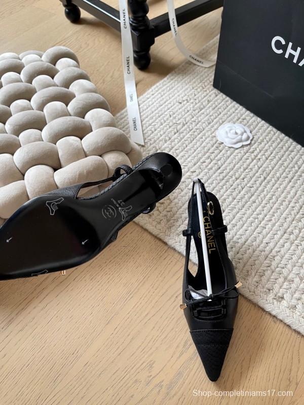 2025 Women Chanel Black Leather Slingback Bowknot Pumps KFY00320