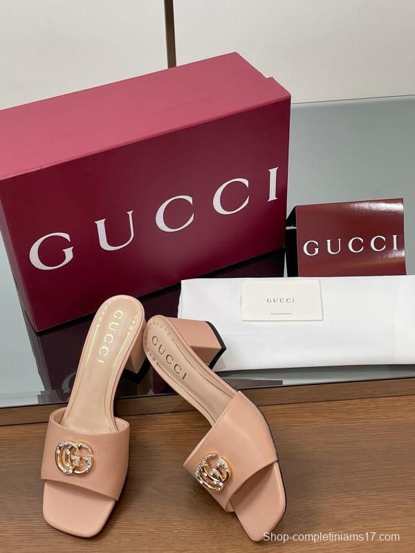 2025 Women Gucci Pink Leather Slippers GG Crystal Buckle LY00280