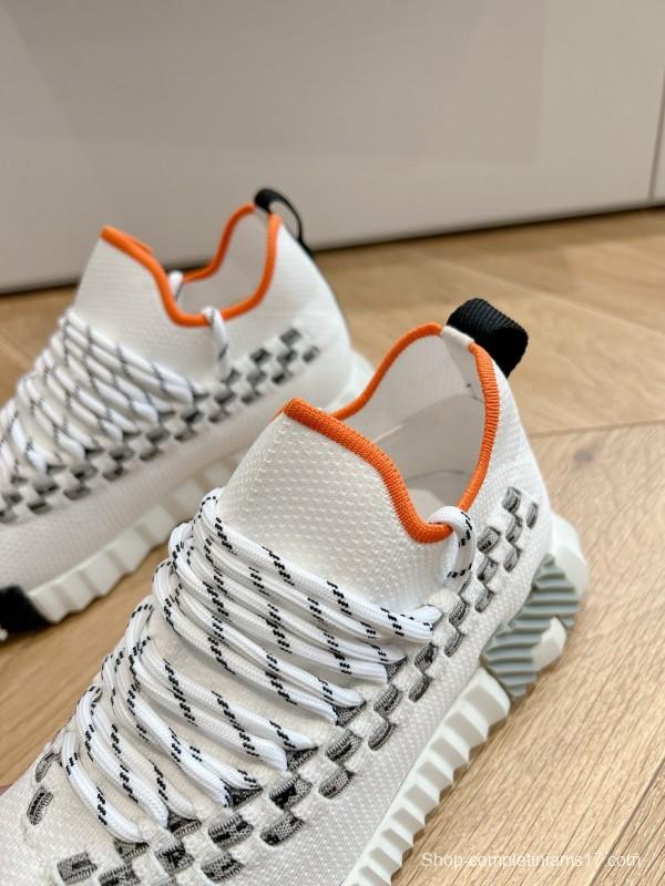 2024 Unisex Hermès White Grey Orange Calfskin Suede Knit Sneakers MJ00290(F/M)