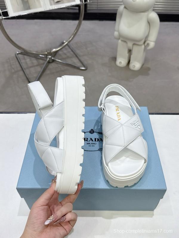 2025 Women Prada White Leather Sandals KFY00280