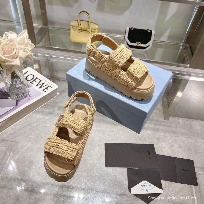 2025 Women Prada Beige Woven Leather Platform Sandals