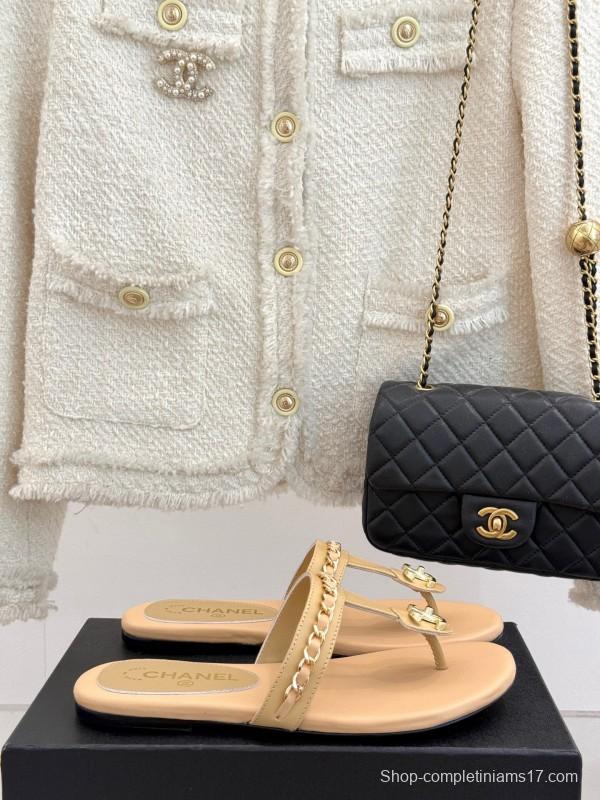 2025 Women Chanel Beige Lambskin Chain Toe Post Sandals KFY00250