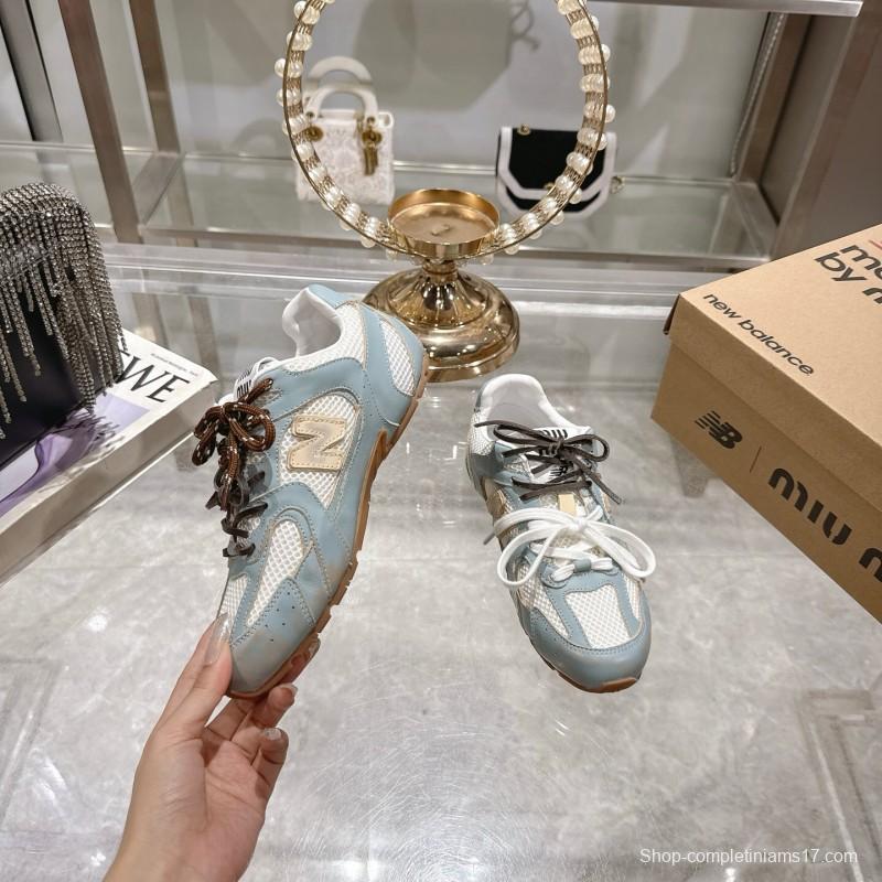 2025 Women Miumiu Light Blue White Leather Mesh Sneakers