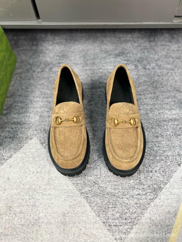 2024 Women Gucci Beige Suede Leather Loafers MJ00300