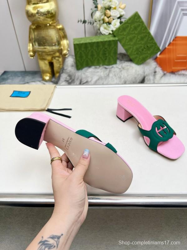 2025 Women Gucci Pink Green Leather Slippers