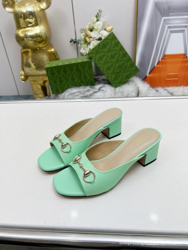 2025 Women Gucci Green Leather Heeled Slippers MJ00180