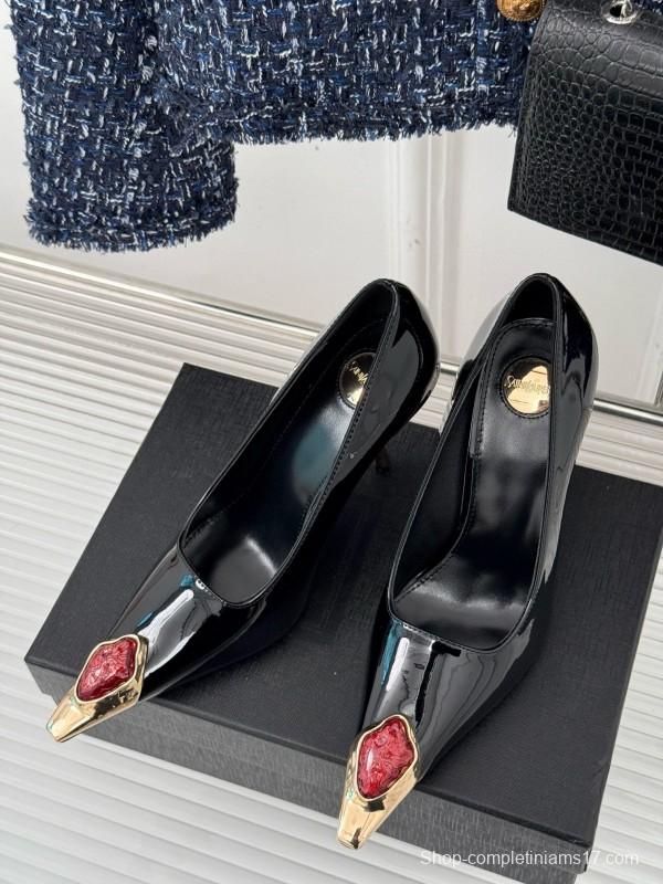 2024 Women Yves Saint Laurent Black Patent Leather High Heel Gemstone MJ00330