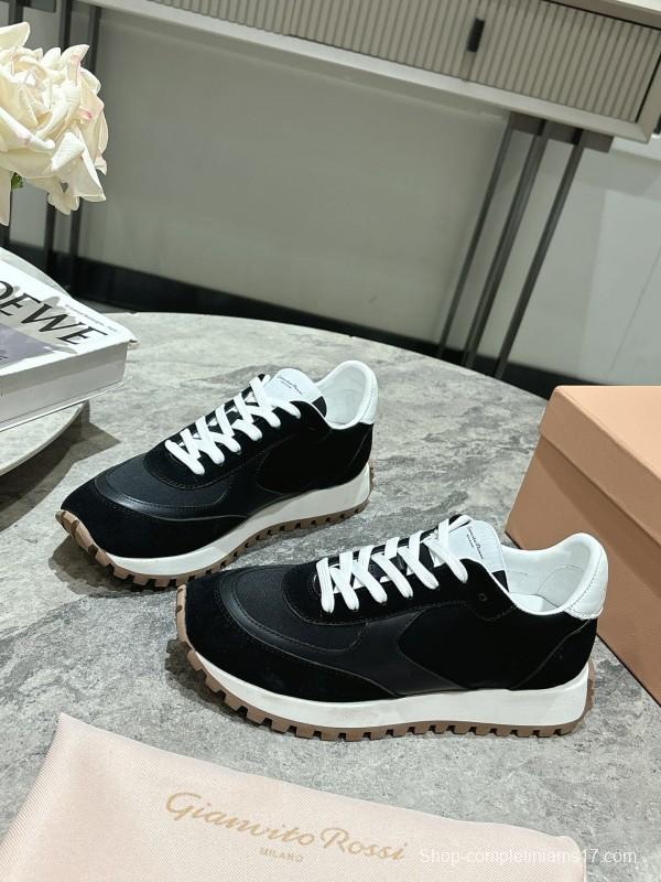 2025 Women Gianvito Rossi Black White Leather Mesh Sneakers