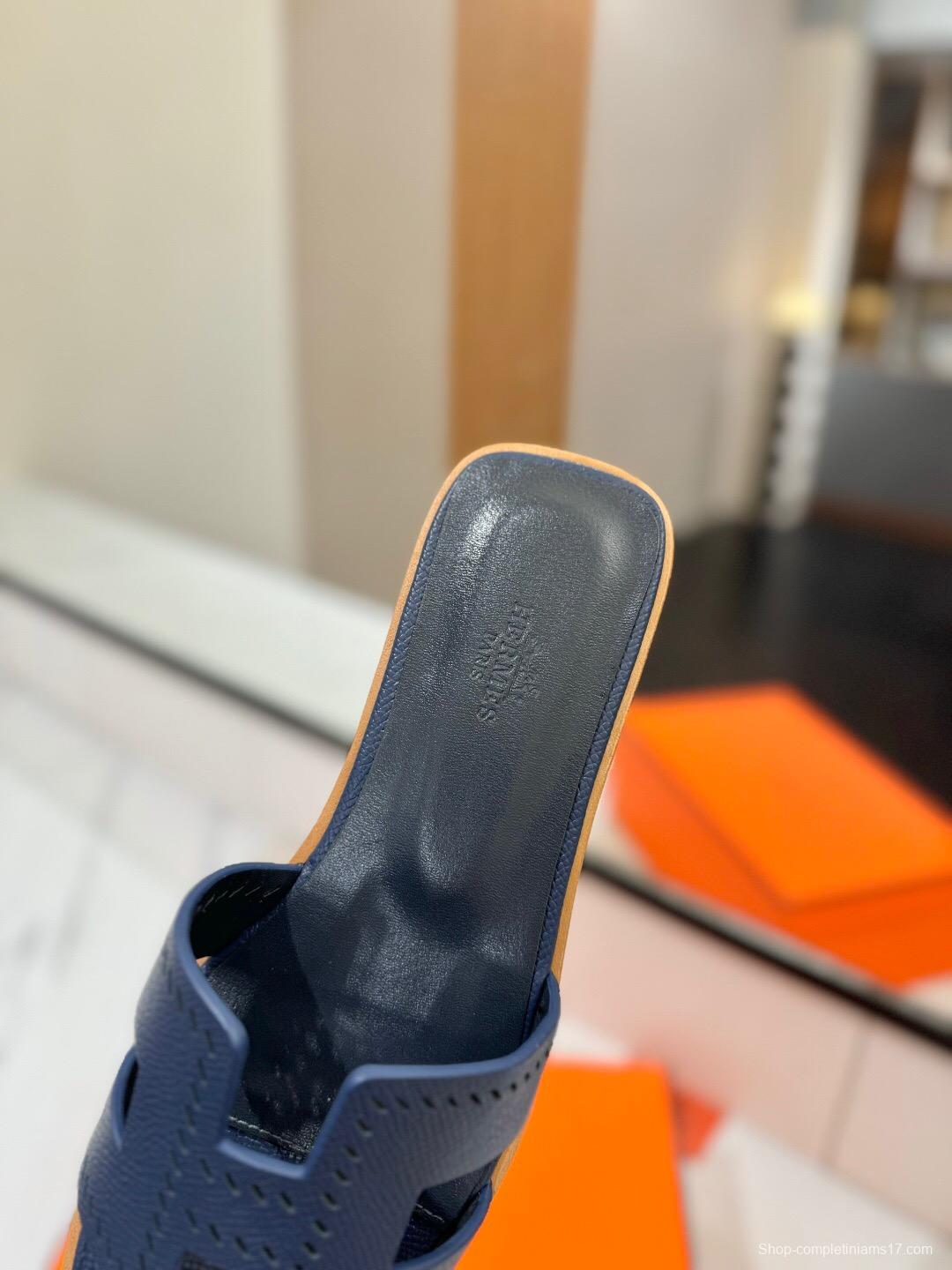 2025 Women Hermès Dark Blue Leather Slippers