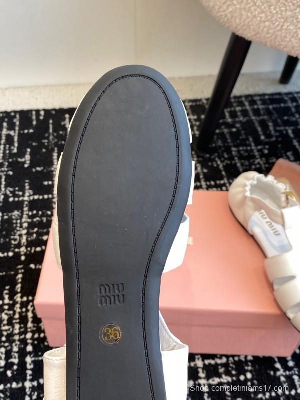 2025 Women Miu Miu White Calf Leather Flat Sandals
