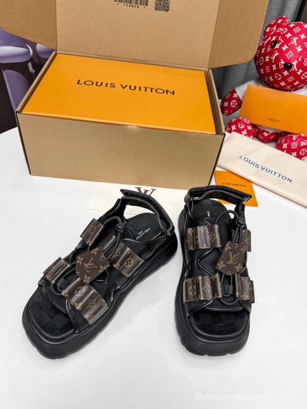 2025 Women Louis Vuitton Black Brown Canvas Leather Sandals LY00310