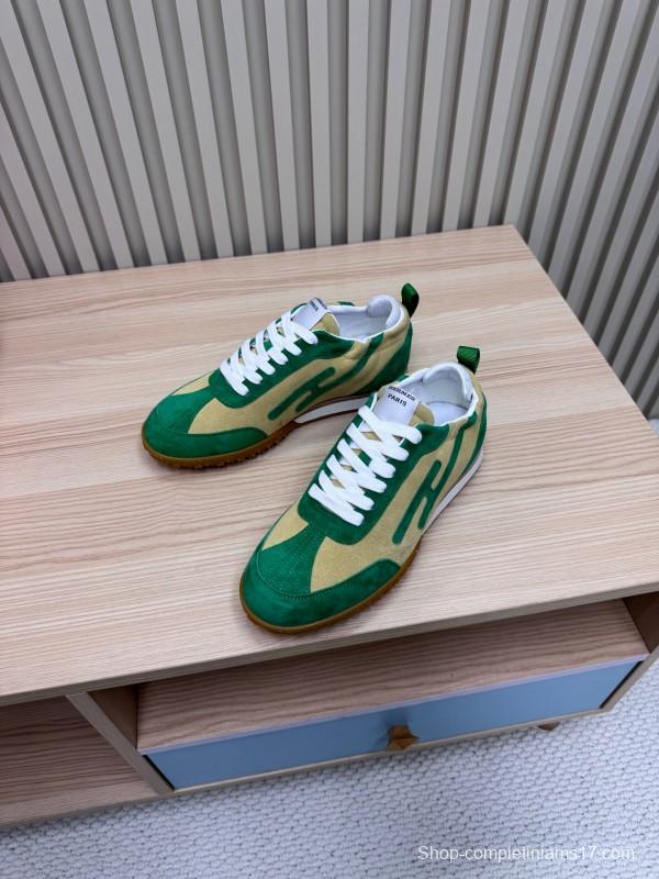 2025 Unisex Hermès Green Beige Suede Down Fabric Sneakers Top Version LY00310