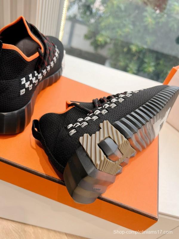2024 Unisex Hermès Black Orange Calf Suede Knit Sneakers MJ00290(W/M)