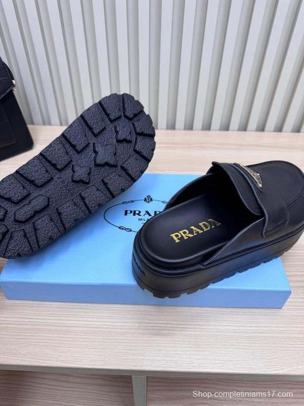 2025 Women Prada Black Leather Platform Loafers
