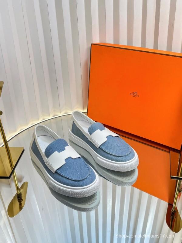 2025 Women Hermès Blue White Leather Canvas Loafers LY00310
