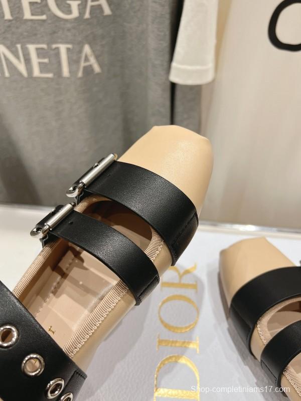 2025 Women Dior Beige Black Leather Mary Jane Buckle KFY00300