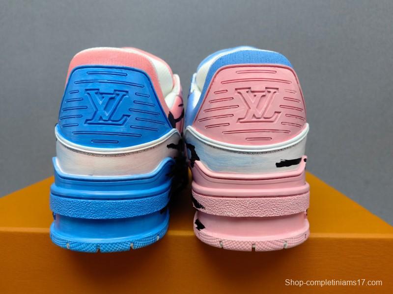 2025 Unisex Louis Vuitton Pink Blue Leather Canvas Plimsolls Hand Painted KFY00620