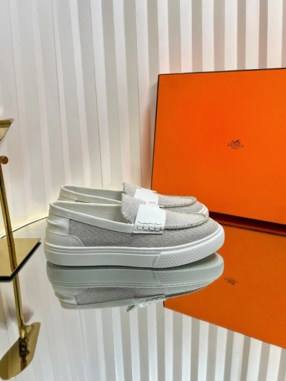 2025 Women Hermès White Mesh Leather Casual Loafers LY00310