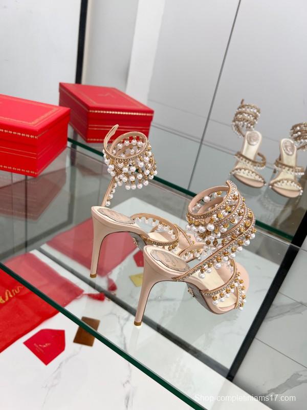 2025 Women RC Champagne Leather Crystal Pearl High Heel Sandal LY00360