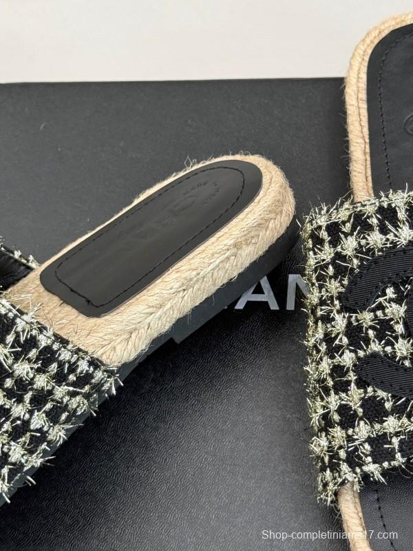 2025 CHANEL Black White Tweed Slippers