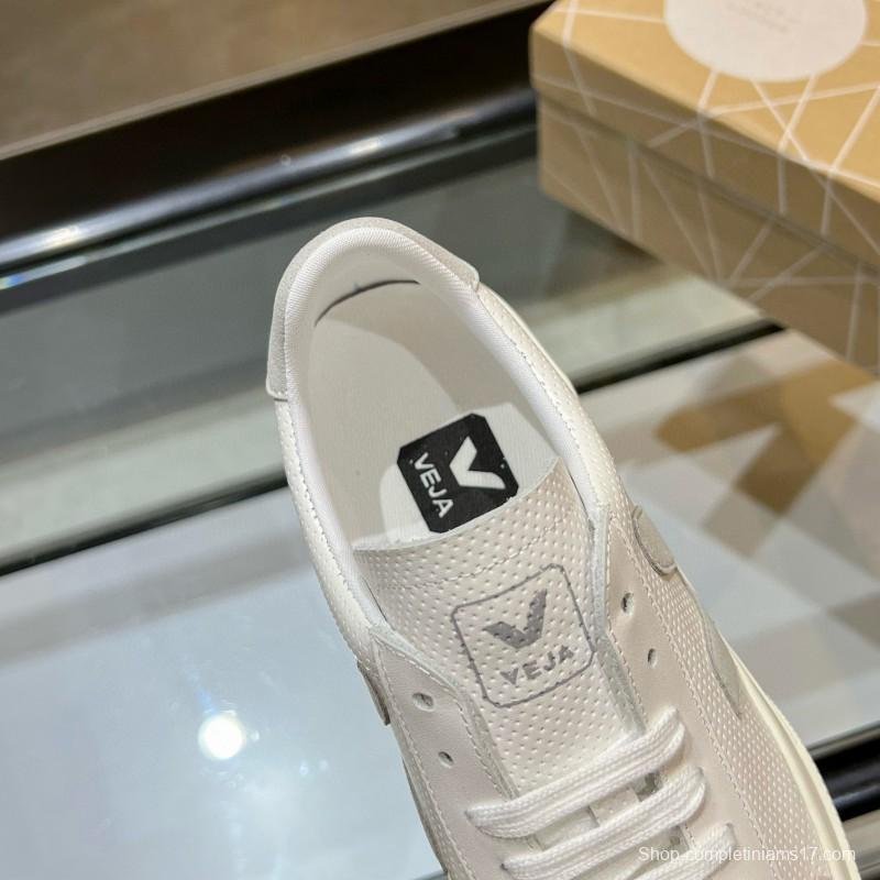2025 Unisex VEJA White Grey Leather Canvas Rubber Sole Sneakers